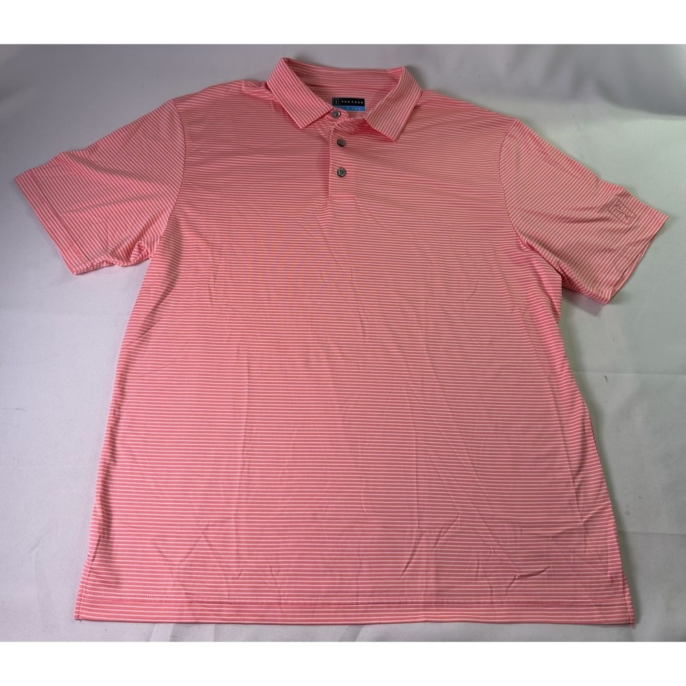 PGA TOUR Airflux Golf Polo‎ Shirt Men Large Pink Coral White Striped Performance